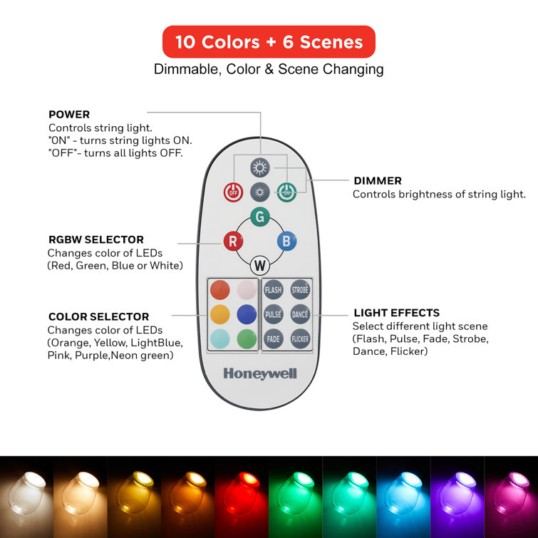 Honeywell 8 light 24ft Color Changing Led String Light Set With Remote Control